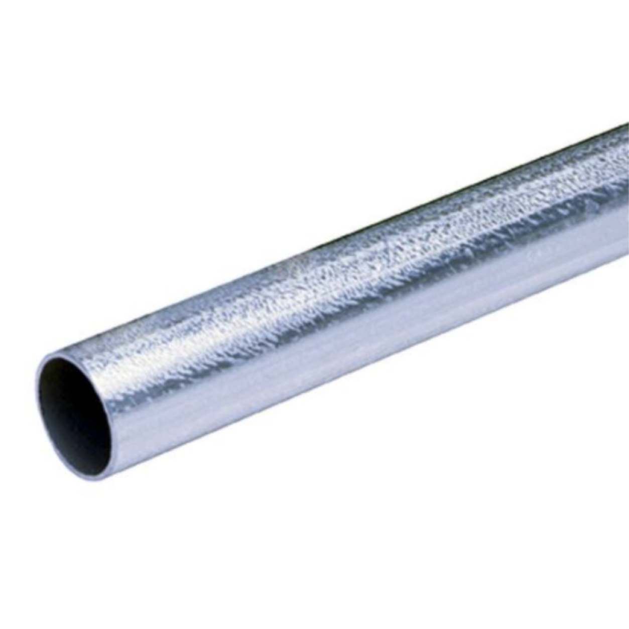 Close-up of a Go Build 1/2 in. x 10 ft. EMT Conduit with a textured surface, shown diagonally against a white background, highlighting its hollow interior and smooth, E-Z Pull-coated exterior for enhanced protection.