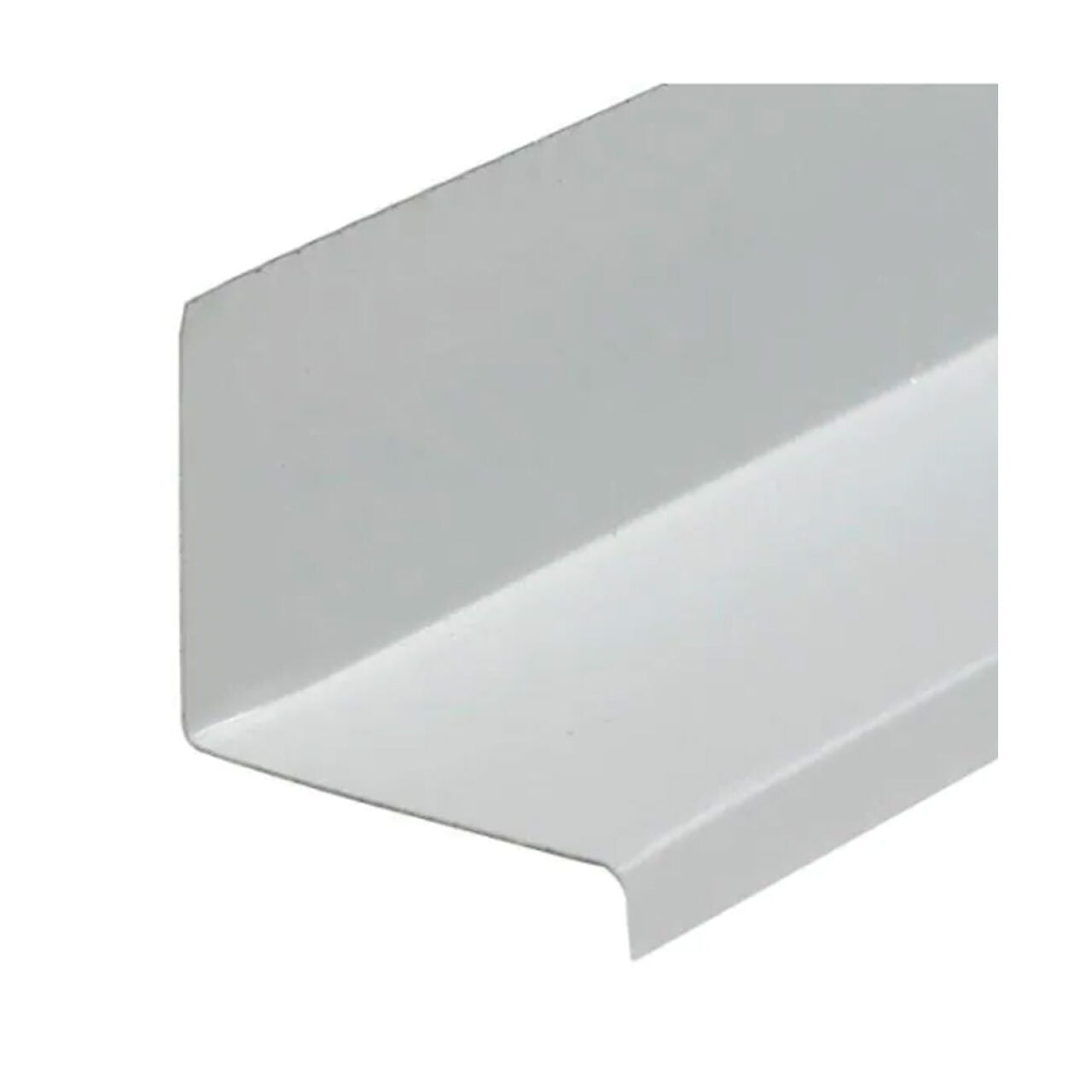 Close-up of Go Builds 1-1/4 in. x 10 ft. Window Cap - White with an L-shaped profile against a plain background; made from rust-free aluminum, it is smooth and reflective, designed for edge protection.