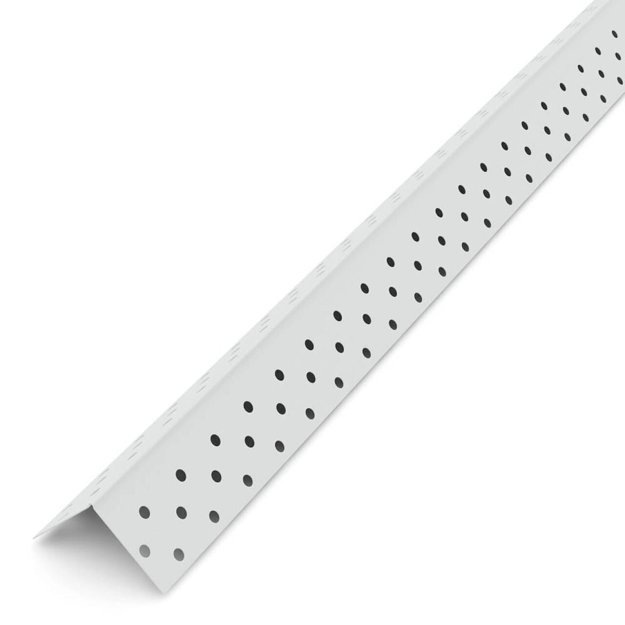 A rust-proof, L-shaped Go Build 90-Degree Vinyl Outside Corner Bead, available in dimensions of 1.25 inches by 8 feet, is constructed from white metal and includes evenly spaced circular holes along one side to improve joint compound bonding. It is displayed diagonally against a plain white background.