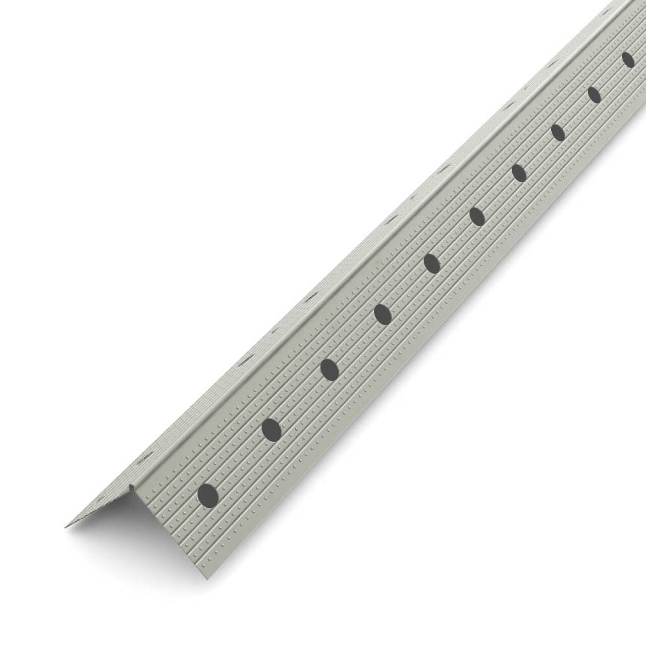 The Go Build 1-1/4 in. x 10 ft. 90-Degree Metal Corner Bead, with a gray perforated design and black circular holes, is perfect for reinforcing drywall corners and offers corrosion protection on a white background.