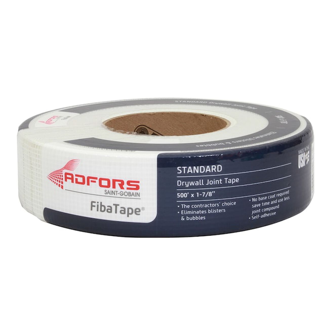 The Go Build FibaTape Standard White Mesh Self-Adhesive Joint Tape measures 500 ft by 1-7/8 in., is mold-resistant, and prevents blisters and bubbles without a pre-coat.