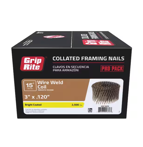 The GRIP-RITE GRC10PD box contains 2,500 bright-coated wire weld coil nails, each 3 in. x 0.120 in., with a smooth shank and a Pro Pack label. Ideal for outdoor siding and fencing projects, these nails are perfect for framing applications.