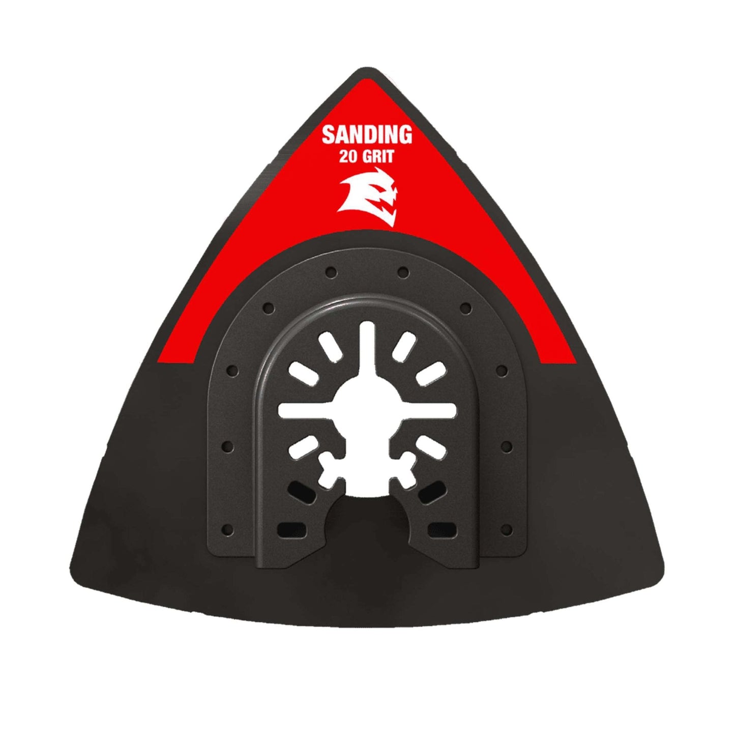 The Diablo DIABLO DOU20CGSP 3-1/2 in. 20-Grit Universal Fit Oscillating Sanding Plate features a triangular red top with Sanding 20 Grit and a stylized white wolf logo. It integrates easily with oscillating sanding plates and has a black center mounting hole designed for power tool attachment.