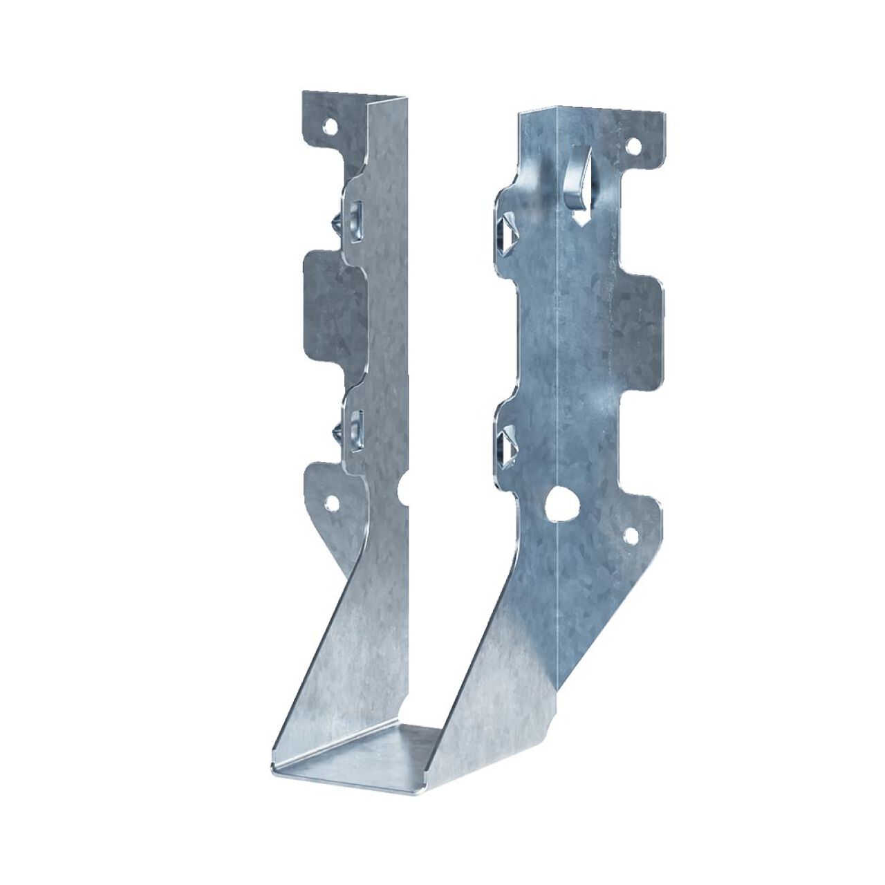 The image shows a Go Build ZMAX Face Mount Joist Hanger for 2 x 6 with a galvanized finish. This metal hanger, featuring a U-shaped base and pre-drilled holes, is designed with double-shear nailing for secure wooden beam mounting in construction projects.