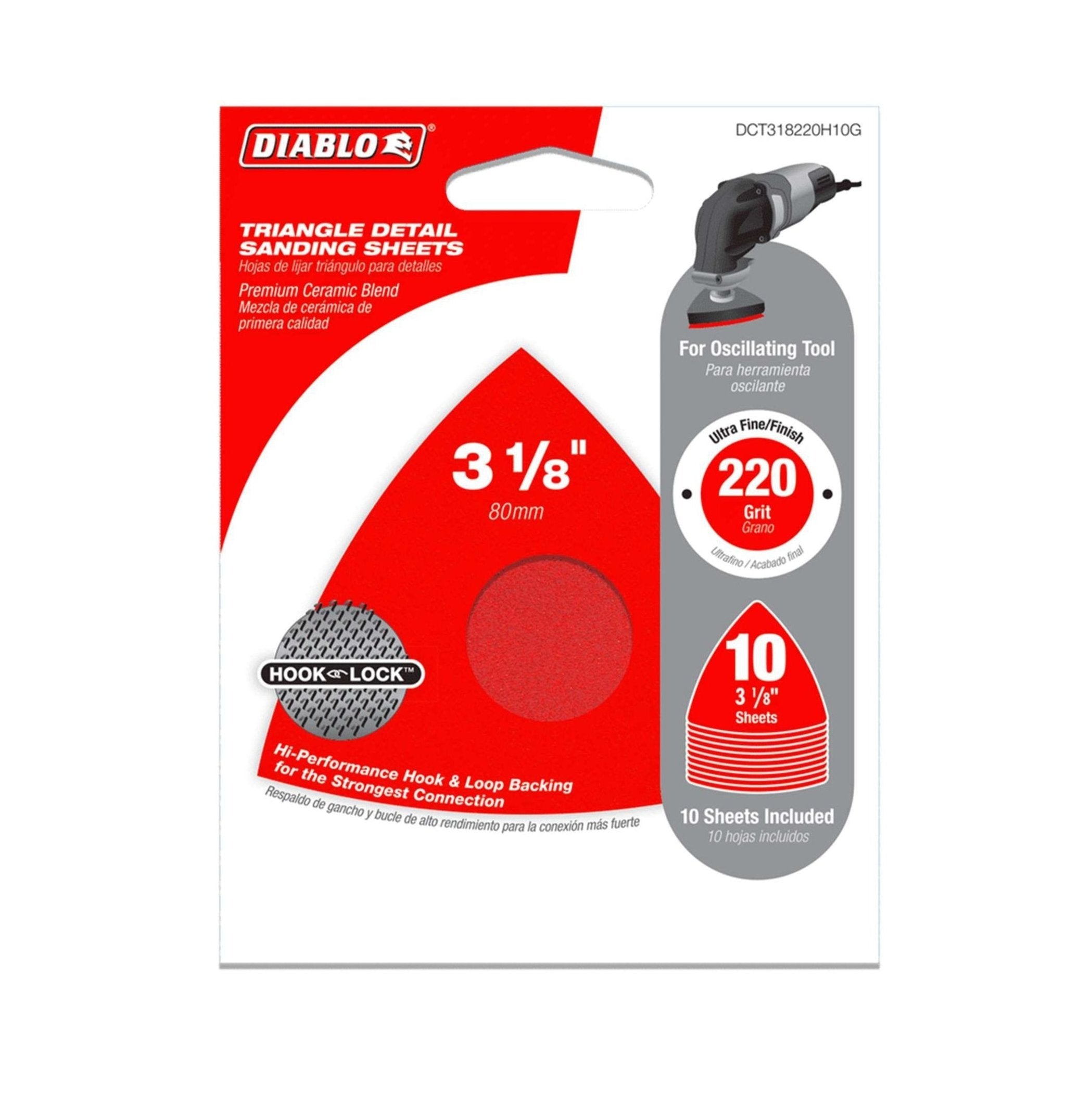 The Diablo DIABLO DCT318220H10G pack includes ten 3-1/8 in. 220-grit triangle detail sanding sheets featuring a premium ceramic blend and ENDURA-BOND™ hook & loop backing for strong attachment, designed for oscillating tools.