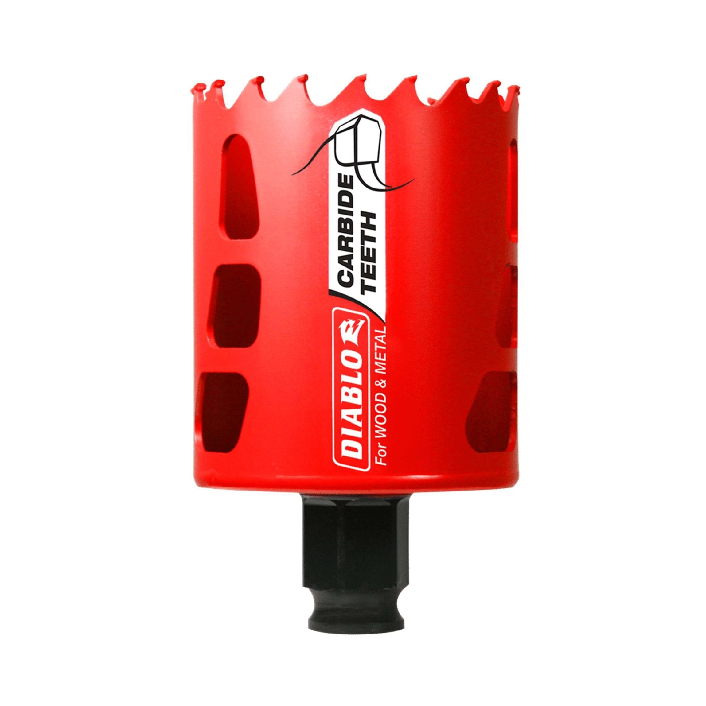 The DIABLO DHS2250CT 2-1/4 in. Carbide Teeth Hole Saw for Wood and Metal by Diablo is red and cylindrical with jagged edges, featuring a Snap-Lock Plus Mandrel System for easy attachment, side openings for debris clearance, and designed to ensure faster cutting performance.