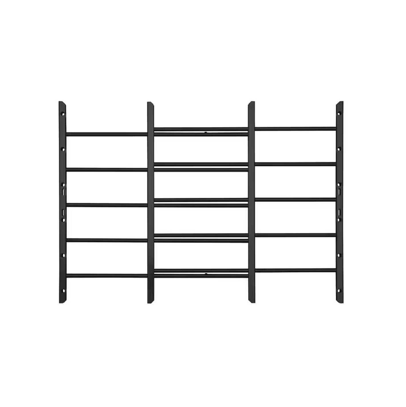 The Go Build 22-38 in. x 25 in. 5 Bar Child Safety Window Guard, made of black metal with bolt holes for easy mounting, offers a reliable and adjustable childproofing solution with vertical and horizontal bars, ensuring safety and visibility while maintaining a sleek design.