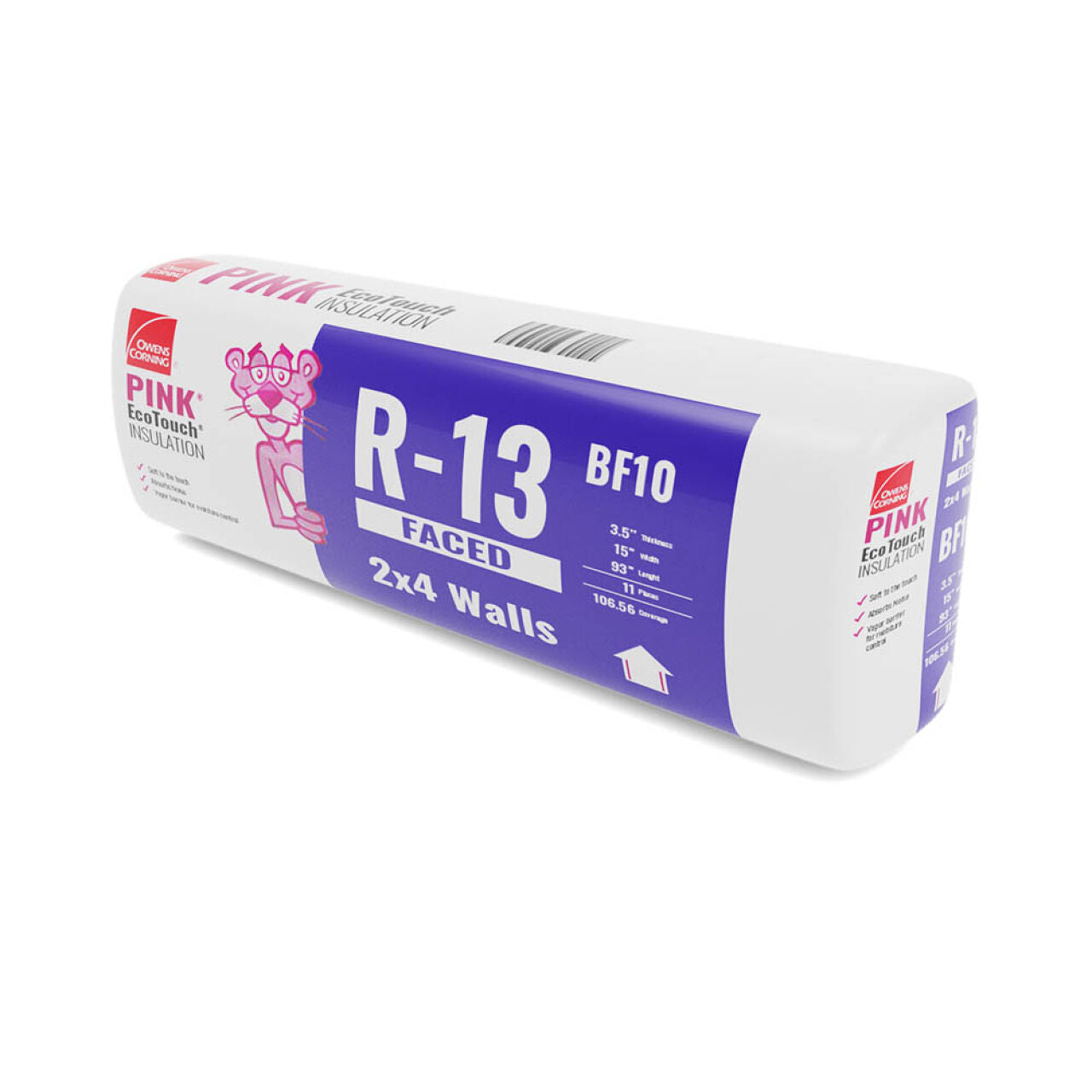 A package of Go Build R-13 Kraft Faced Fiberglass Insulation, suitable for 2x4 wood studs and measuring 93 inches, offers enhanced soundproofing and thermal efficiency. The packaging highlights product specifications, including dimensions and a coverage area of 126.56 square feet.