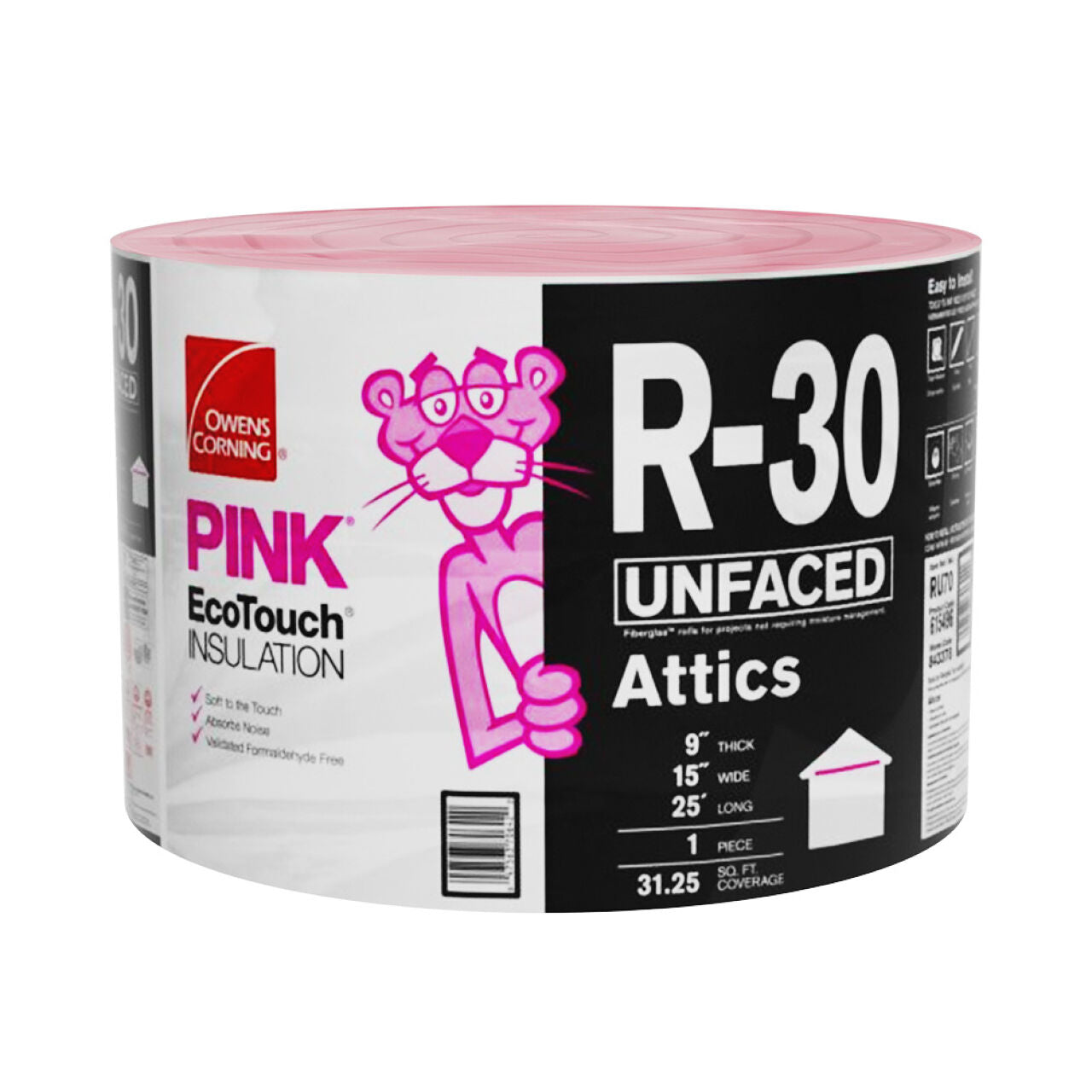 The Go Build R-30 Unfaced Fiberglass Insulation, ideal for sound barrier attics, measures 9 thick, 15 wide, and 25 long. It covers 31.25 sq. ft., featuring a Pink Panther design.