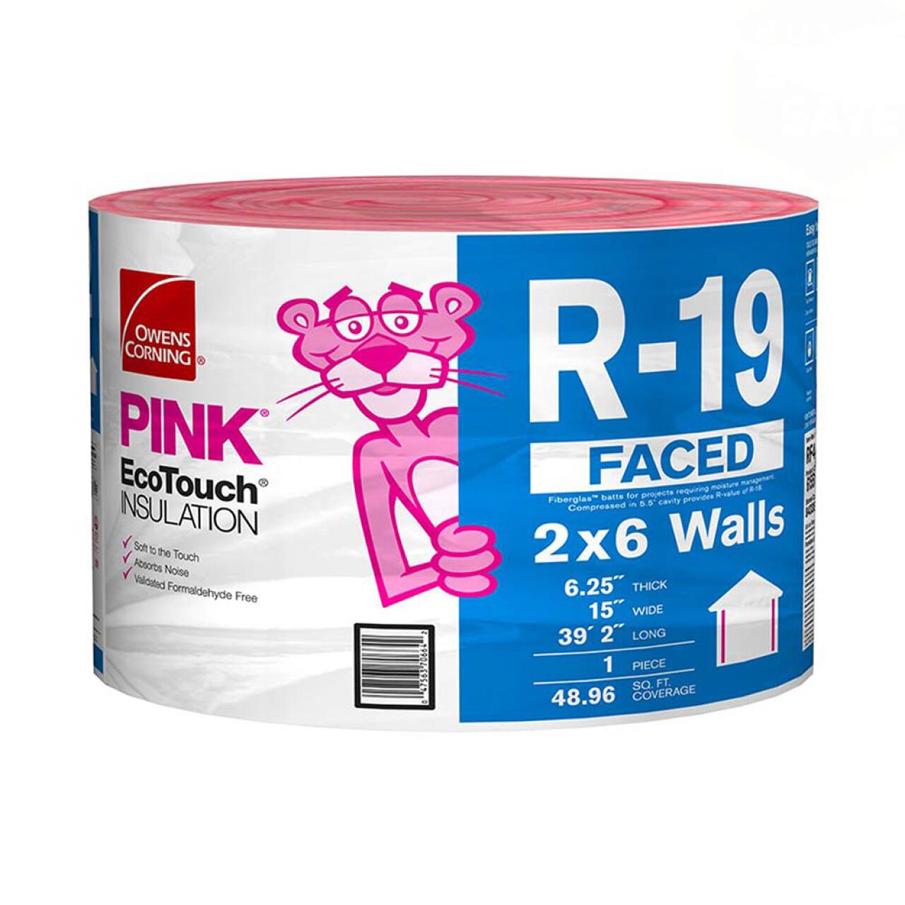 A roll of Owens Corning R-19 Kraft Faced Fiberglass Insulation for 2x6 wood studs, featuring Pink Panther, is 6.25 thick, 15 wide, and 39 2 long. It covers 48.96 sq. ft., provides soundproofing benefits for a quieter space, and fits in with a stud spacing of 16 O.C.