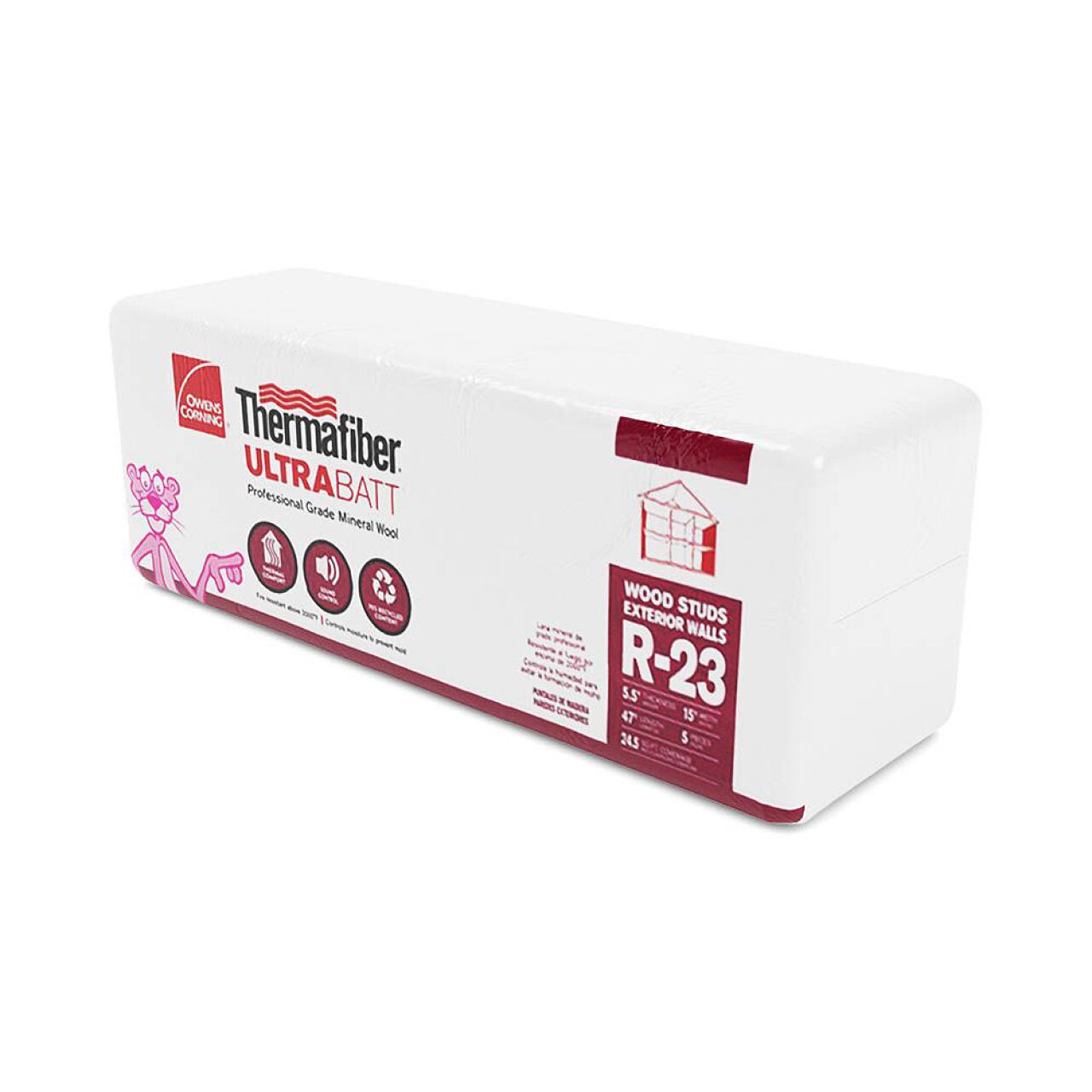 The R-23 Stone Wool Insulation by Go Build, designed for 2x6 wood studs, features circular icons and a pink character. The package showcases red and black text on white, highlighting its Stone Wool Insulation benefits.