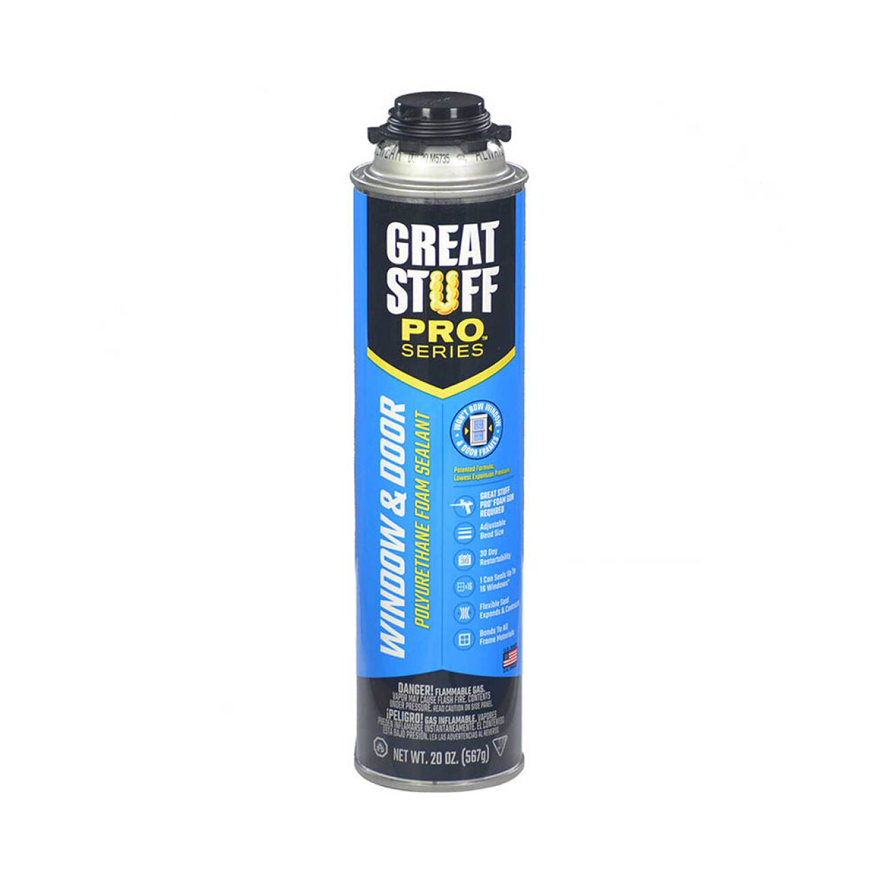 An upright 20 oz. blue can of Go Builds Window & Door Spray Foam Insulation features a shield graphic with black and white text, promising an airtight seal for use with a foam-dispensing gun.