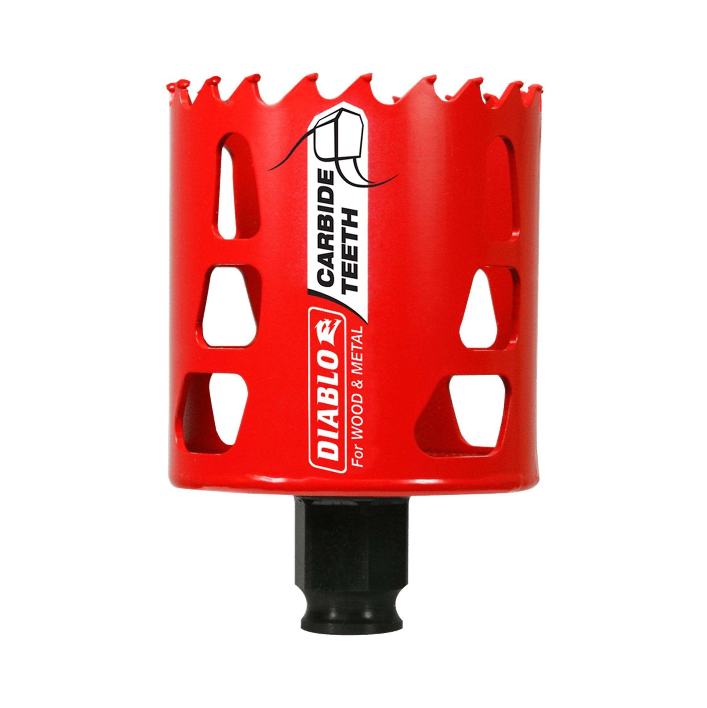 The DIABLO DHS2375CT 2-3/8 in. hole saw by Diablo features sharp carbide teeth, offering faster cutting for wood and metal. It includes a branded label and employs the Snap-Lock Plus™ mandrel system for easy attachment and removal.