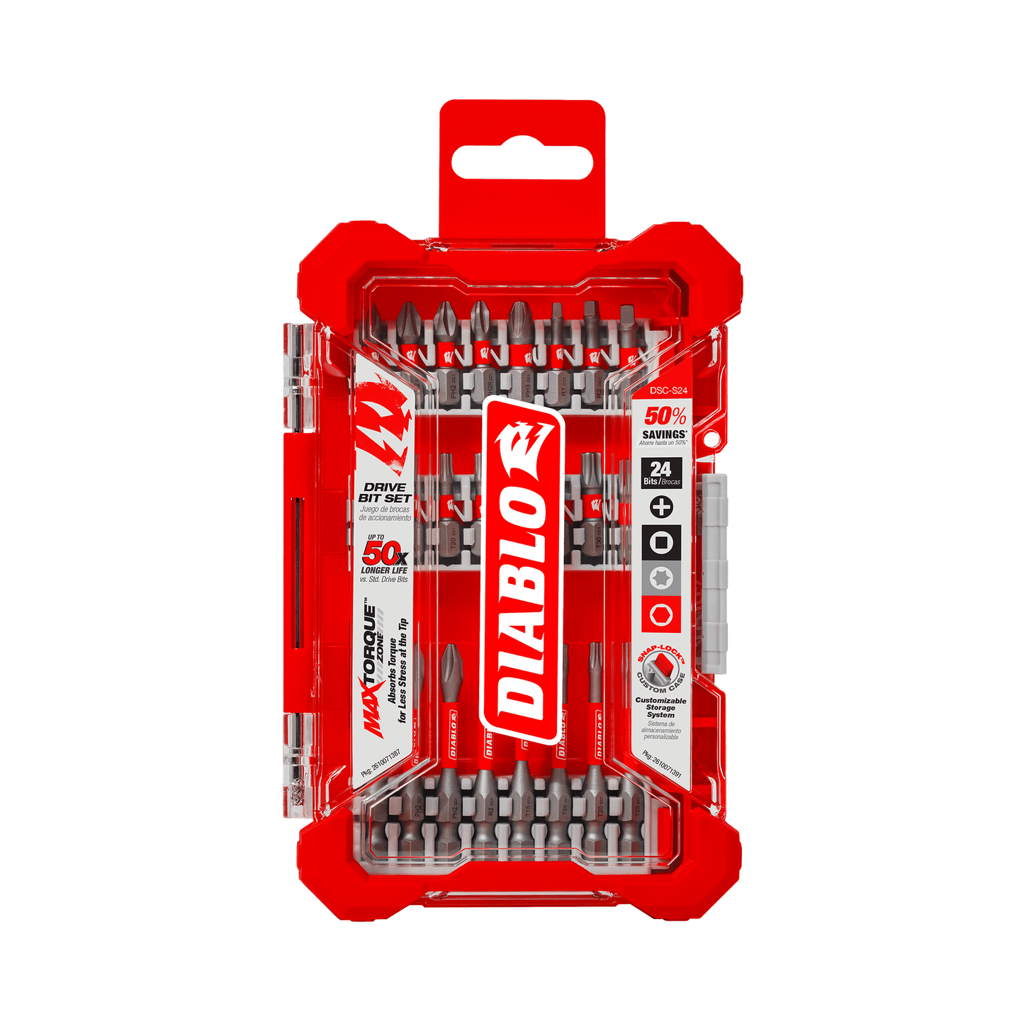 The DIABLO DSC-S24 24-Piece Screwdriving Set from Diablo, in red packaging with a clear plastic cover, showcases multiple bits inside. It features Max Torque and 50x lifespan labels, offering extreme durability.