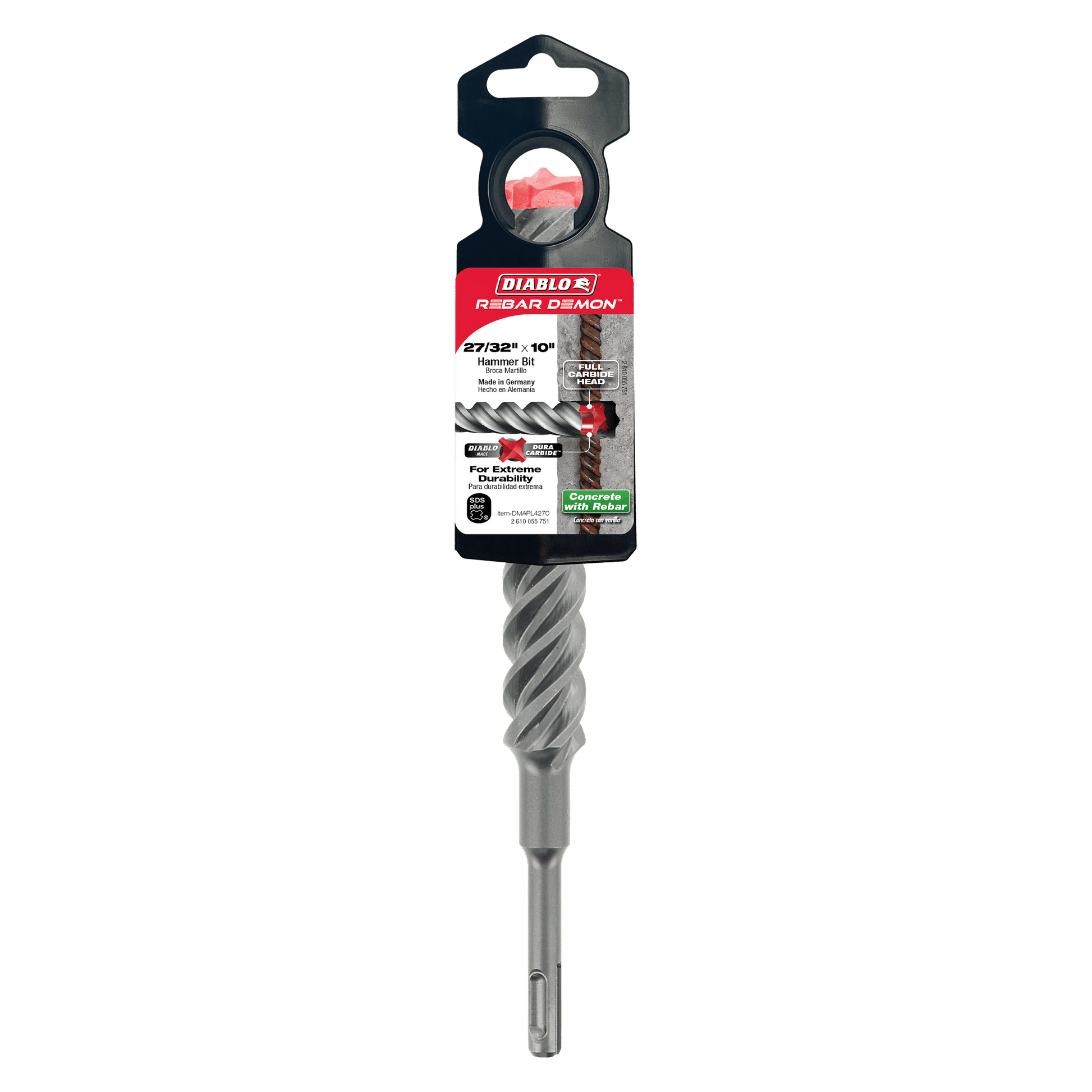 The DIABLO DMAPL4270 Rebar Demon™, with a 4-cutter full-carbide head and spiral design, is ideal for heavy-duty concrete and rebar tasks. Its SDS-Plus shank ensures drill compatibility, while the packaging highlights details and branding.