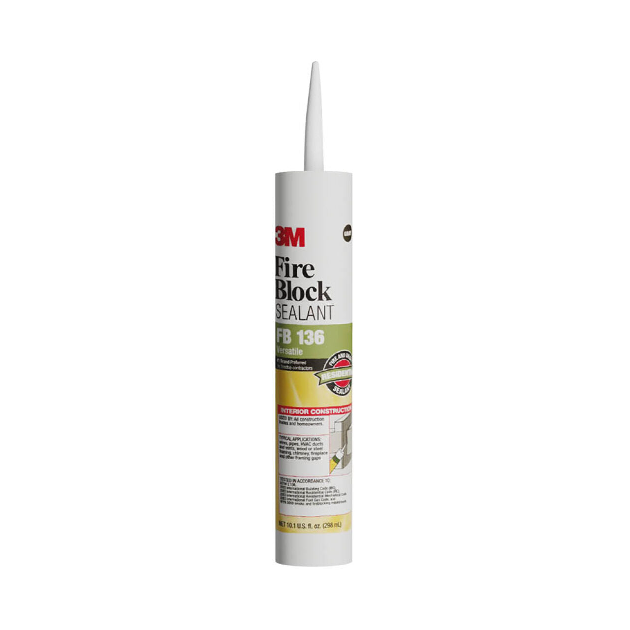 The Go Build Fire Block 10.1 oz. Sealant in gray boasts a pointed nozzle and notable fireblocking properties for interior construction, ensuring safety with its non-combustible formulation, all packaged for the fastest way to build.