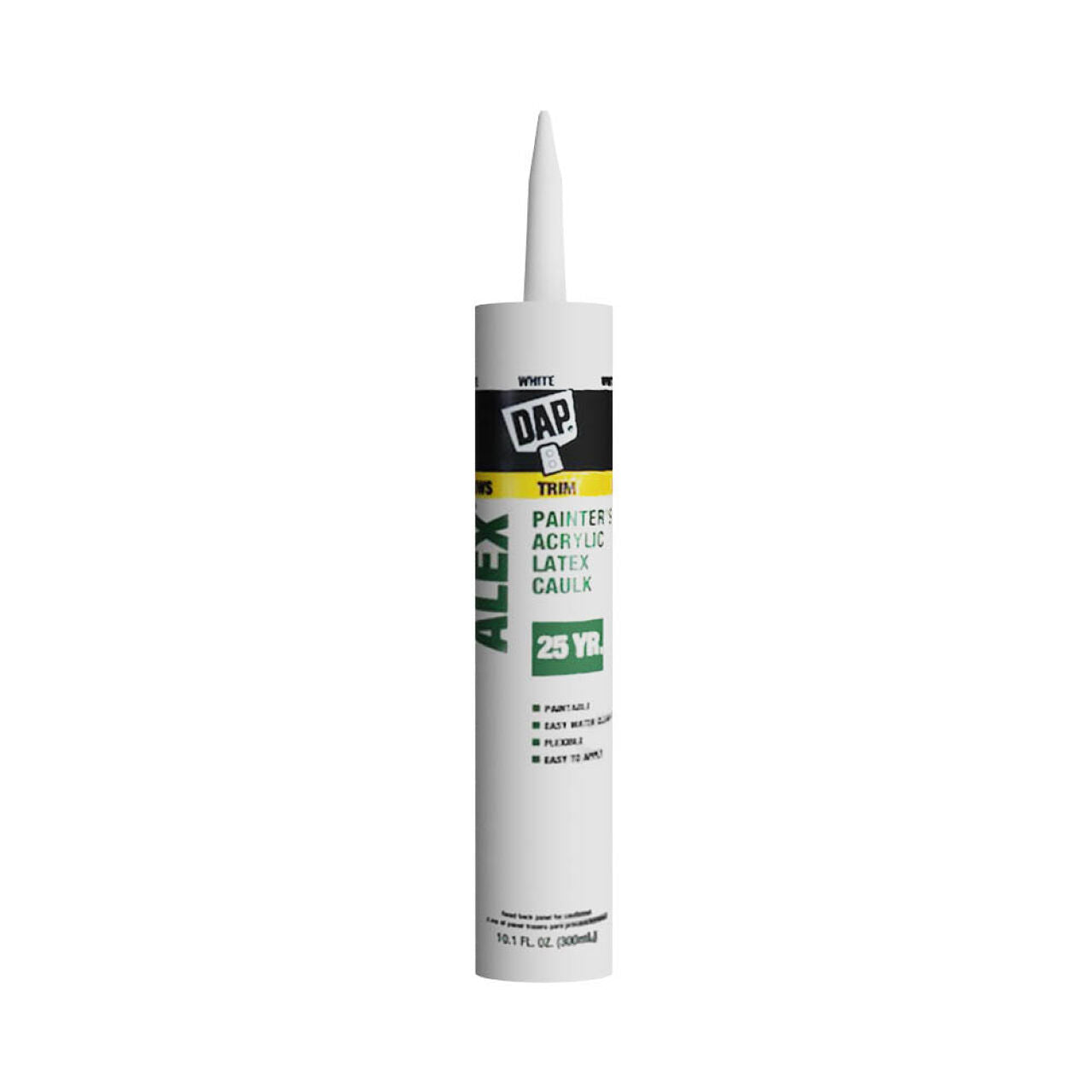 The DAP 51304 ALEX 10.1 oz. Painters Acrylic Latex Caulk in white boasts a pointed nozzle for a lasting seal with 25-year durability, ideal for trim painting projects.