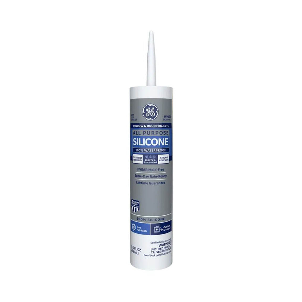 The GE Silicone 1 10.1 oz. Silicone Caulk in white is ideal for window and door projects. This waterproof sealant includes a pointed nozzle for precision and promises to be mold-free for 7 years, offering reliability similar to those with lifetime guarantees.