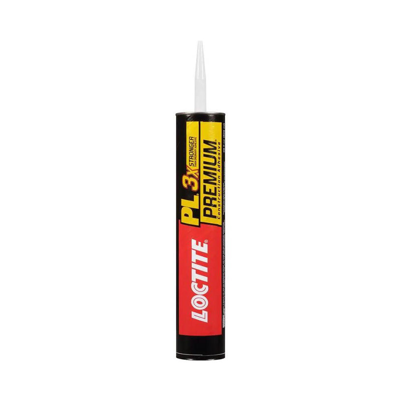 The Go Build LOCTITE 1390594 28 fl. oz. PL Premium 3x Construction Adhesive comes in black and red packaging with a yellow 3X Stronger label, designed for strong bonds and features a white nozzle for precision application.