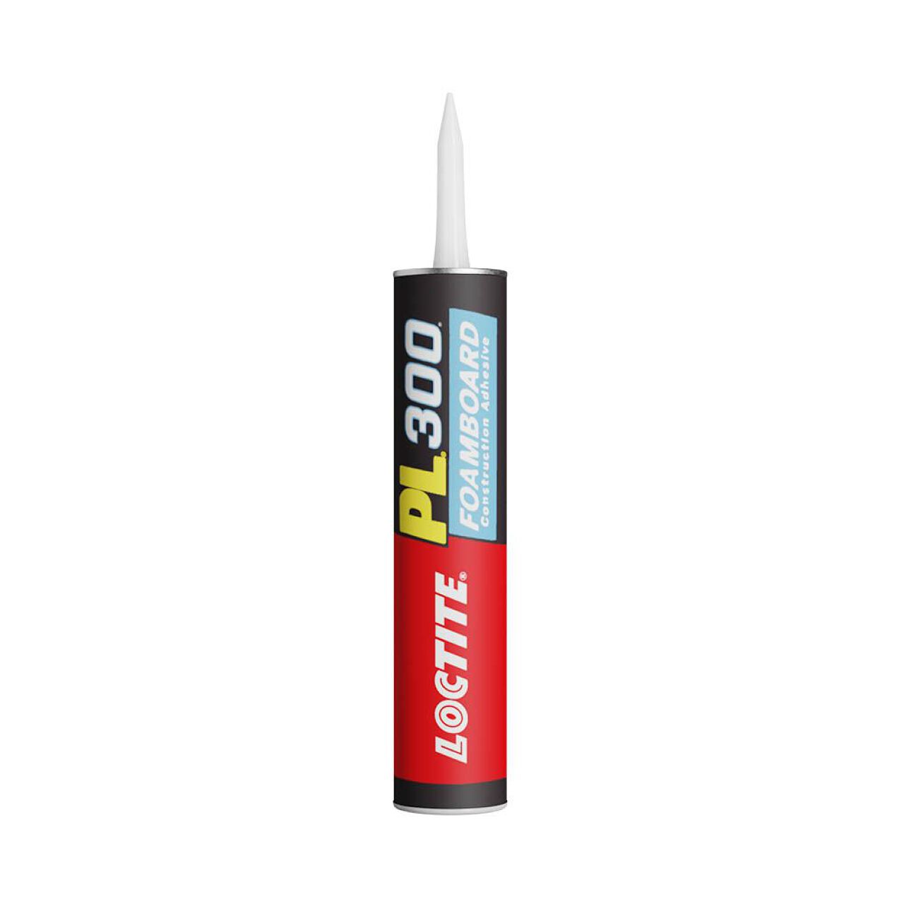 Check out the 10 fl. oz. PL 300 Foamboard Construction Adhesive from Go Build, The Fastest Way To Build. This adhesive is ideal for construction needs, featuring a red tube with a black and blue label, plus a white nozzle for easy application.