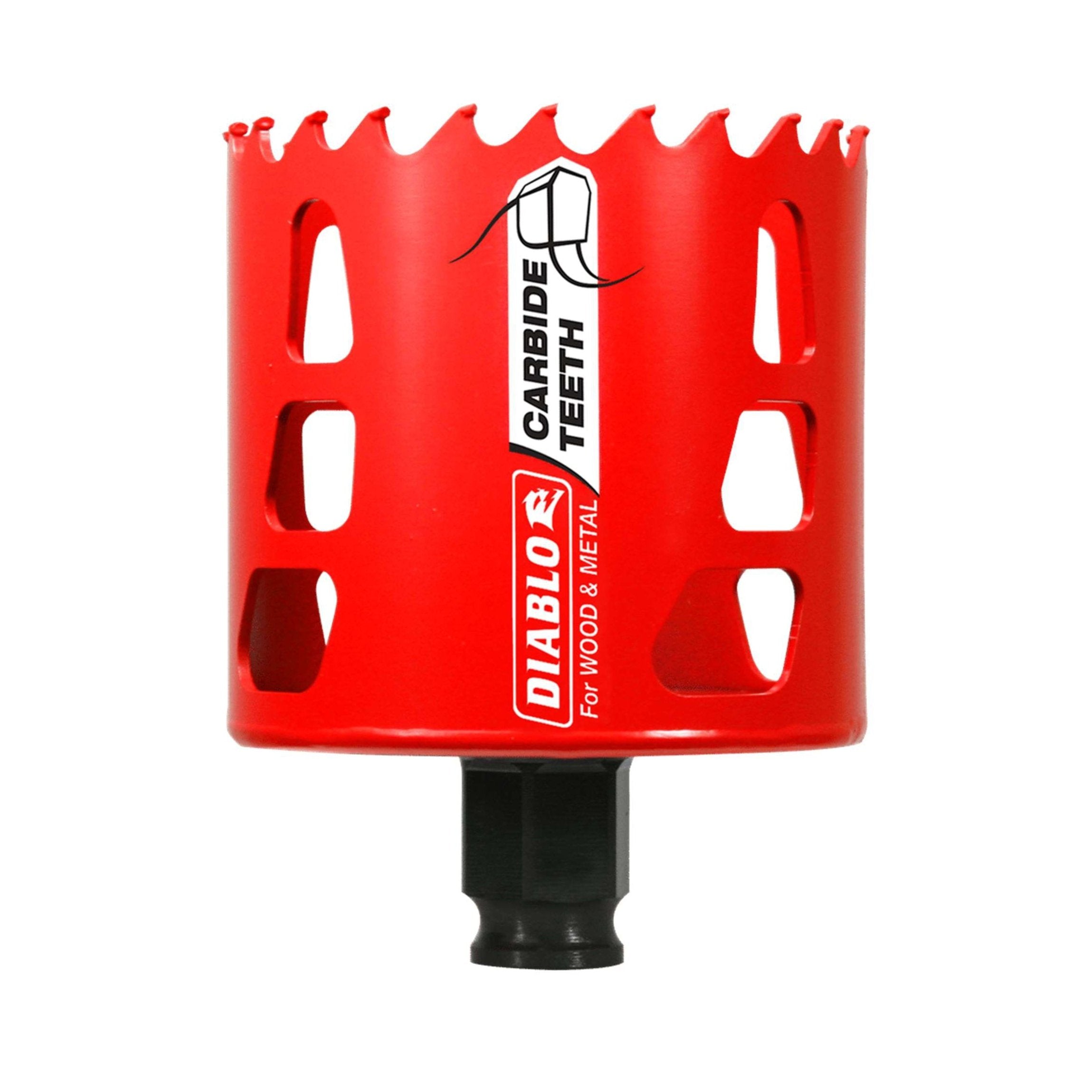 The Diablo DHS2750CT 2-3/4 in. Carbide Teeth Hole Saw features red carbide teeth for effective cutting of wood and metal, sharp edges, evenly spaced openings for rapid material removal, and a black base for secure drill attachment, ensuring longer cutting life.