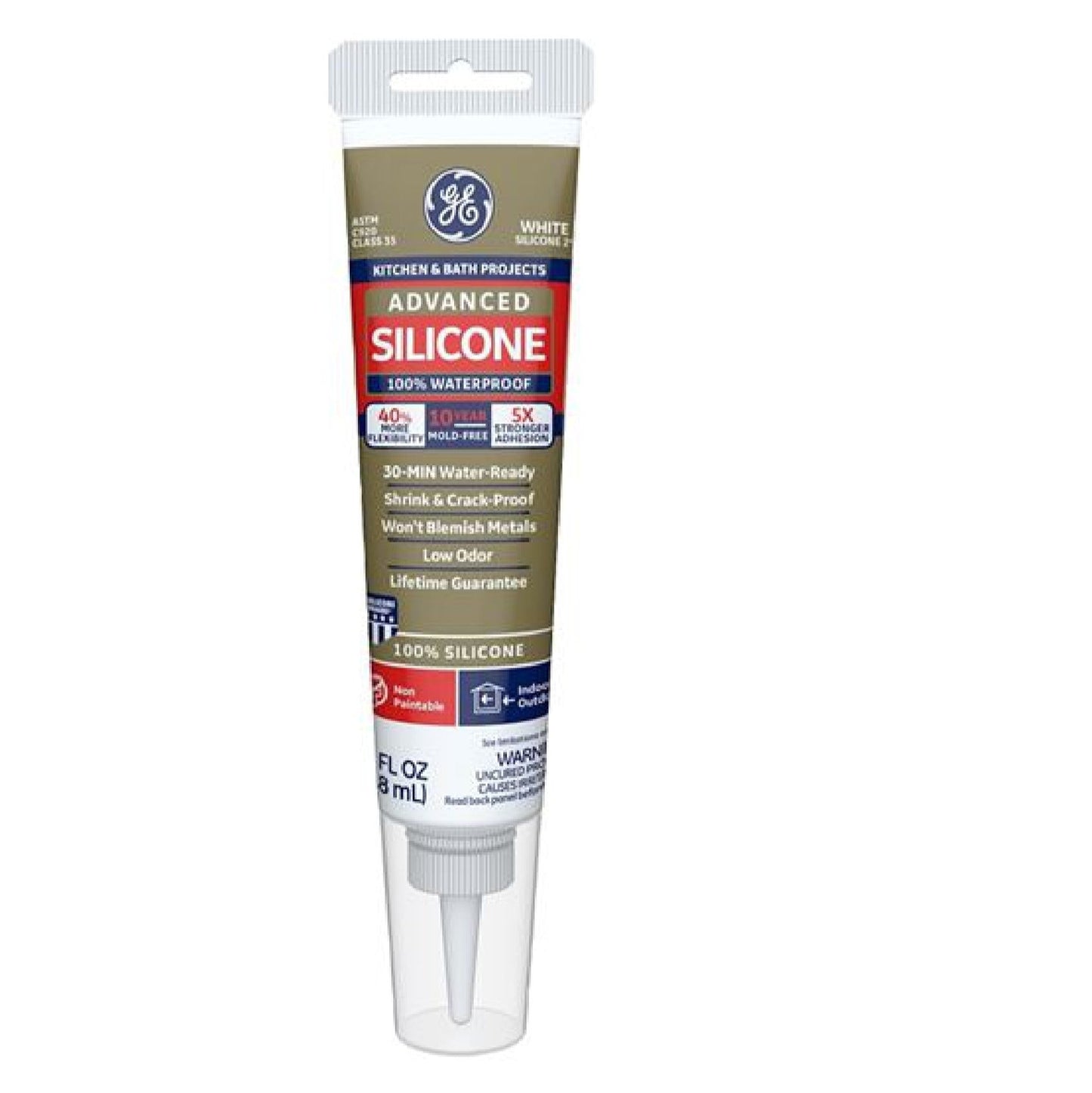 The GE 2812566 Advanced 2.8 oz. Silicone II Kitchen and Bath Sealant - White provides a watertight seal for kitchen and bath projects. Its packaging emphasizes features such as being water-ready in 30 minutes, resistant to shrinking and cracking, and emitting low odor, all contained within a 2.8 fl oz (82 mL) tube.