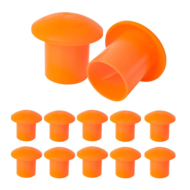 The image displays Grip-Rites GRIP-RITE CAPMUSH25R Rebar Mushroom Caps, featuring 11 orange caps shaped like tiny mushrooms. In the foreground, two caps prominently show both top and side views.