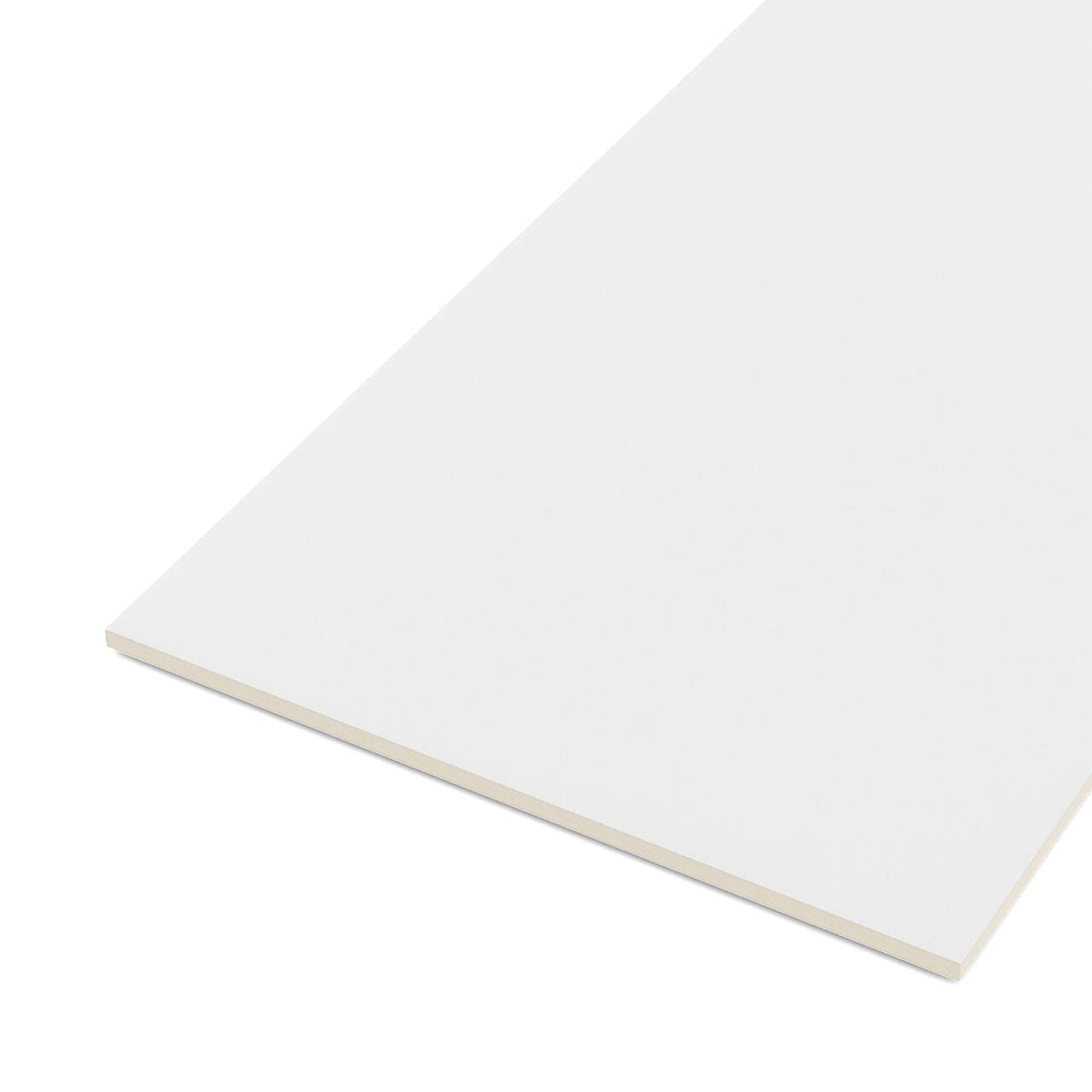 A white rectangular 3/4 in. x 48 in. x 8 ft. PVC sheet by Go Build, The Fastest Way To Build, is showcased from an angle against a plain background, highlighting its fire retardant qualities.