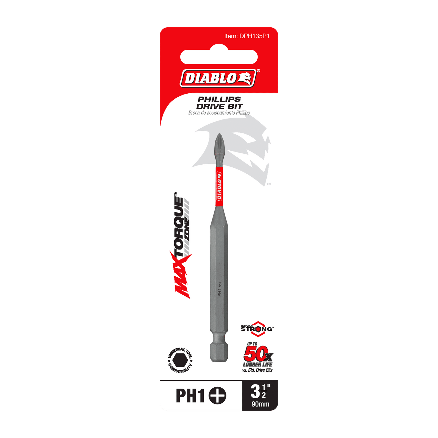 Image of the Diablo DPH235P1 3-1/2 in. #2 Phillips Drive Bit, featuring its red and black design. It boasts MAXTORQUE Technology for exceptional durability and 50x Longer Life. Ideal for those needing impact resistance in their tools, its specification is PH1 and 3 1/2 in, 90mm.