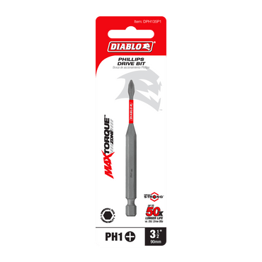 Image of the Diablo DPH235P1 3-1/2 in. #2 Phillips Drive Bit, featuring its red and black design. It boasts MAXTORQUE Technology for exceptional durability and 50x Longer Life. Ideal for those needing impact resistance in their tools, its specification is PH1 and 3 1/2 in, 90mm.