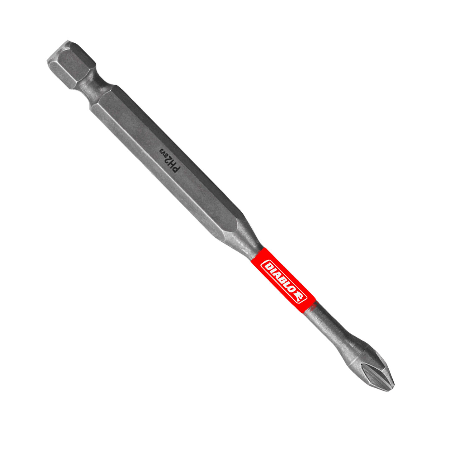 The DIABLO DPH235P1 3-1/2 in. #2 Phillips Drive Bit features a gray metallic finish with a striking red Diablo label, offering impact resistance and extreme durability with its hexagonal shank and cross-shaped head—ideal for precision tasks.