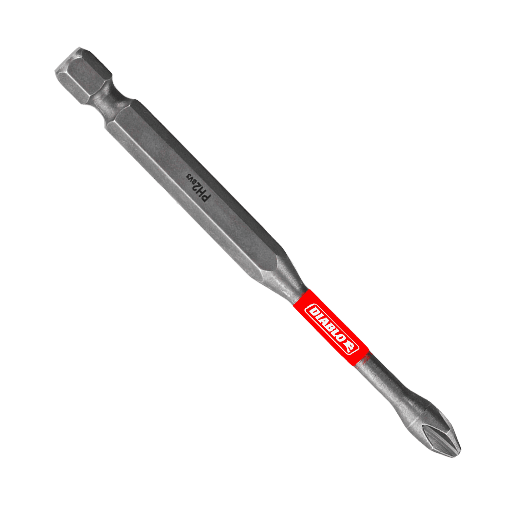 The DIABLO DPH235P1 3-1/2 in. #2 Phillips Drive Bit features a gray metallic finish with a striking red Diablo label, offering impact resistance and extreme durability with its hexagonal shank and cross-shaped head—ideal for precision tasks.