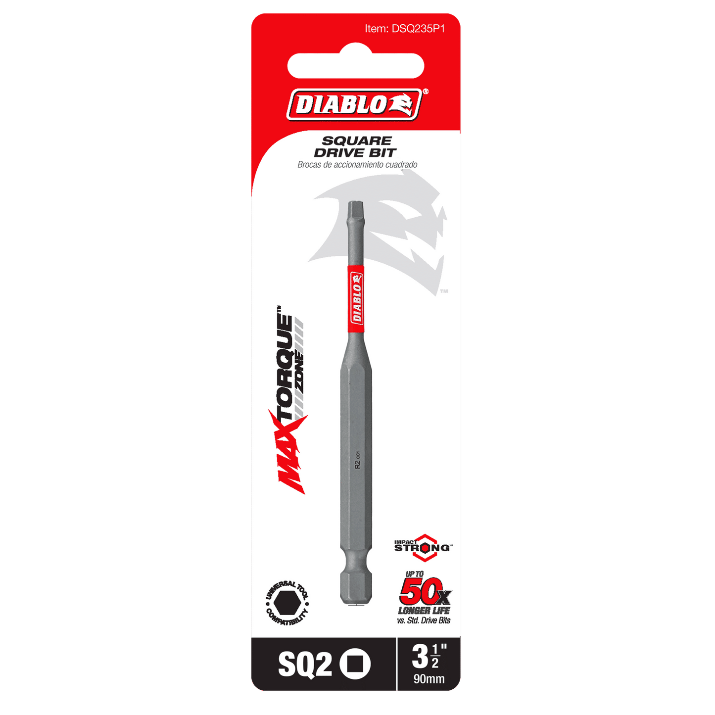 The DIABLO DSQ235P1 3-1/2 in. #2 Square Drive Bit, featuring Impact Strong™ technology and Max Torque, offers a 50x longer life. Packaged in bold red and white, it is perfect for those needing a reliable square bit solution.