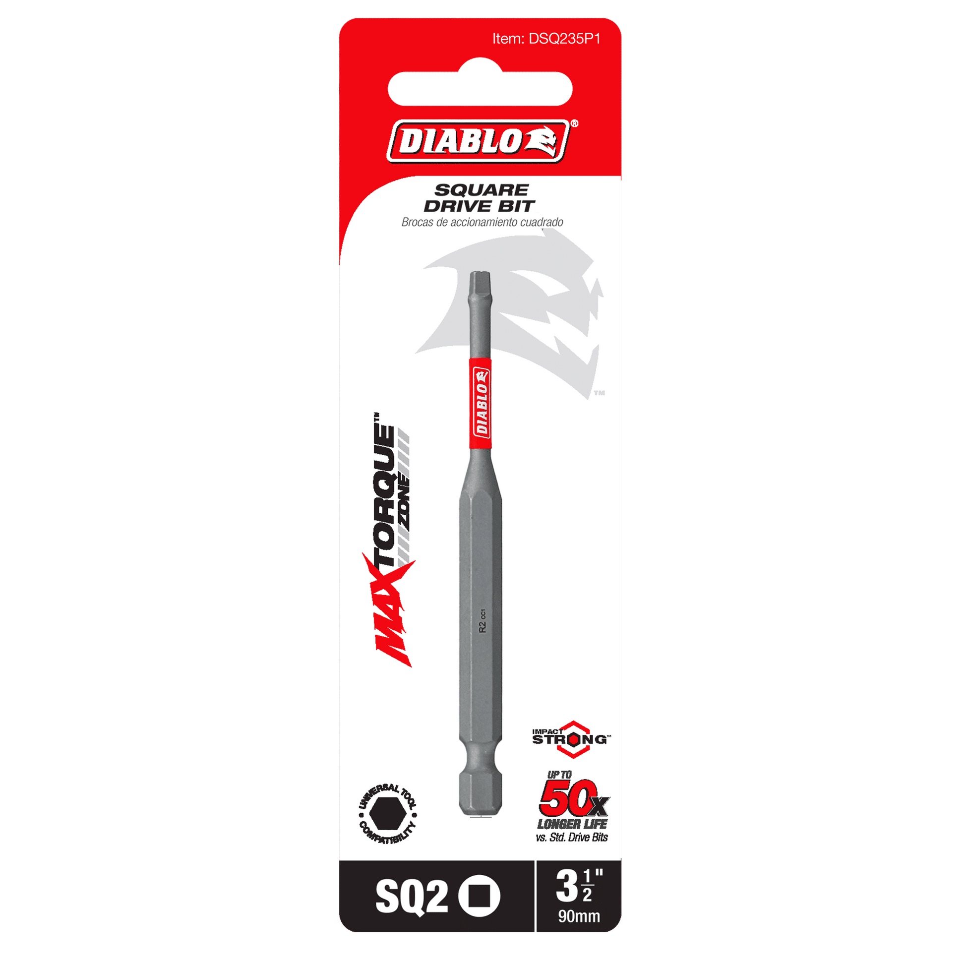 The DIABLO DSQ235P1 3-1/2 in. #2 Square Drive Bit, featuring Impact Strong™ technology and Max Torque, offers a 50x longer life. Packaged in bold red and white, it is perfect for those needing a reliable square bit solution.