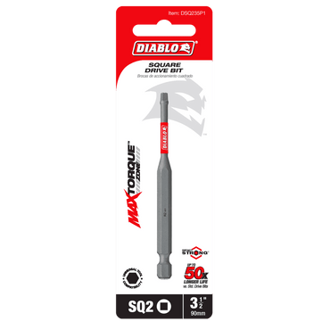 The DIABLO DSQ235P1 3-1/2 in. #2 Square Drive Bit, featuring Impact Strong™ technology and Max Torque, offers a 50x longer life. Packaged in bold red and white, it is perfect for those needing a reliable square bit solution.