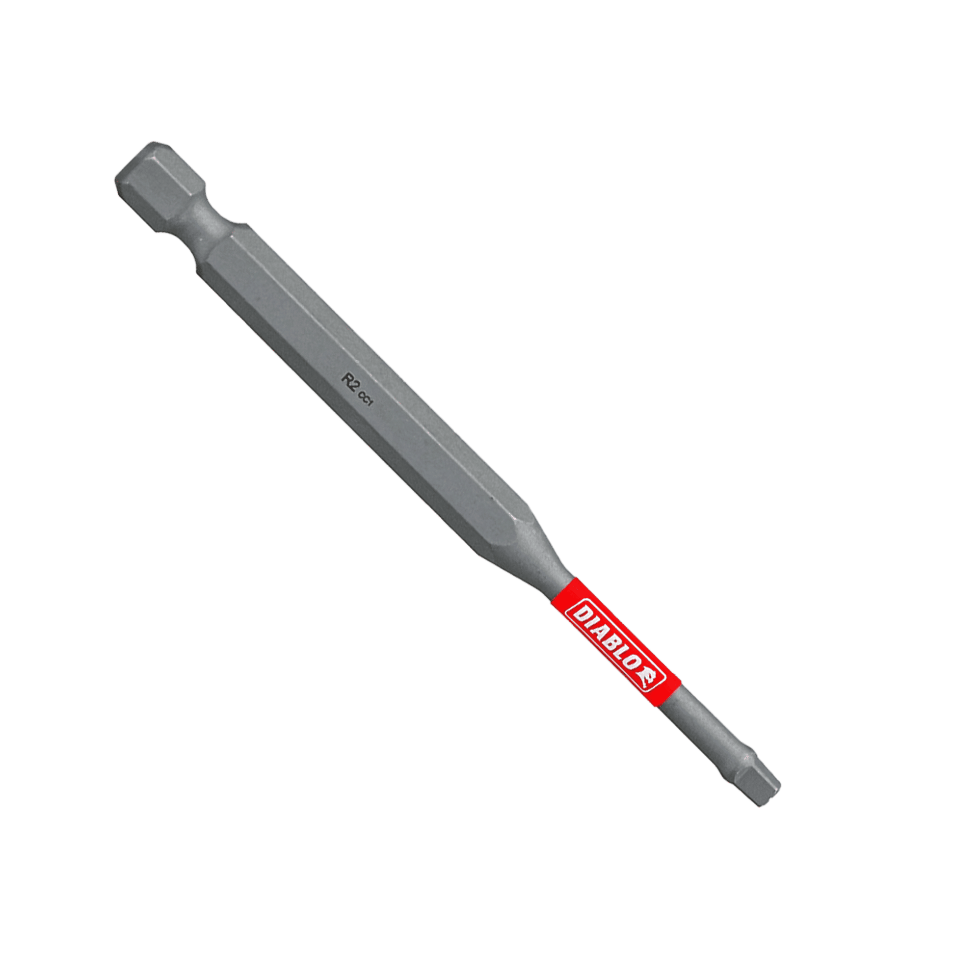 The DIABLO DSQ235P1 3-1/2 in. #2 Square Drive Bit by Diablo showcases a gray, hexagonal screwdriver bit marked PH2-65 on its upper shaft and a red DIABLO label at the lower end. Its Impact Strong™ design endures torque with resilience against a solid green background.