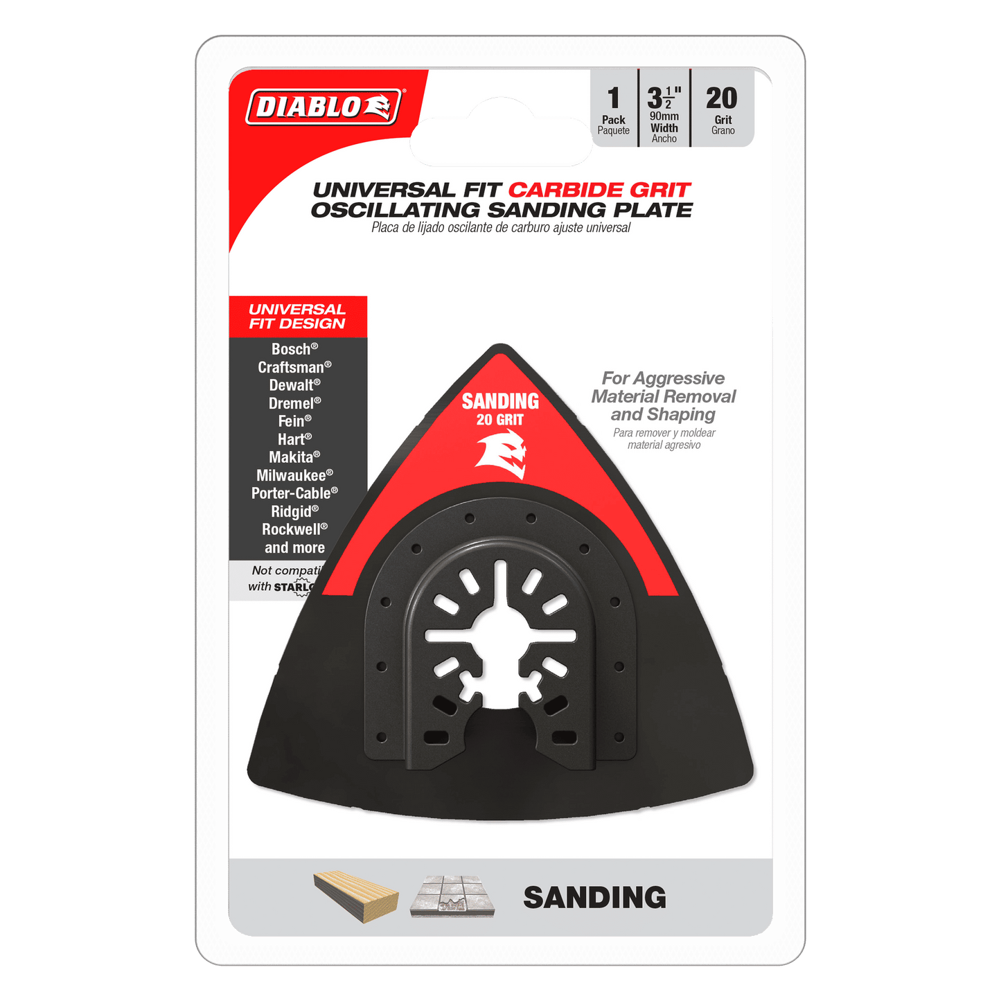 Packaging of the DIABLO DOU20CGSP 3-1/2 in. 20-Grit Universal Fit Oscillating Sanding Plate showcases compatibility icons for various tool brands. It features open-coat carbide grit and a 20 grit design for aggressive material removal, making it ideal for versatile applications.