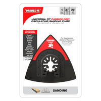 Packaging of the DIABLO DOU20CGSP 3-1/2 in. 20-Grit Universal Fit Oscillating Sanding Plate showcases compatibility icons for various tool brands. It features open-coat carbide grit and a 20 grit design for aggressive material removal, making it ideal for versatile applications.