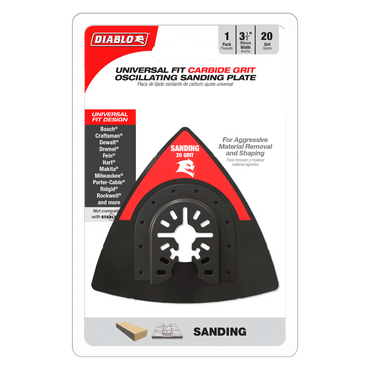 Packaging of the DIABLO DOU20CGSP 3-1/2 in. 20-Grit Universal Fit Oscillating Sanding Plate showcases compatibility icons for various tool brands. It features open-coat carbide grit and a 20 grit design for aggressive material removal, making it ideal for versatile applications.