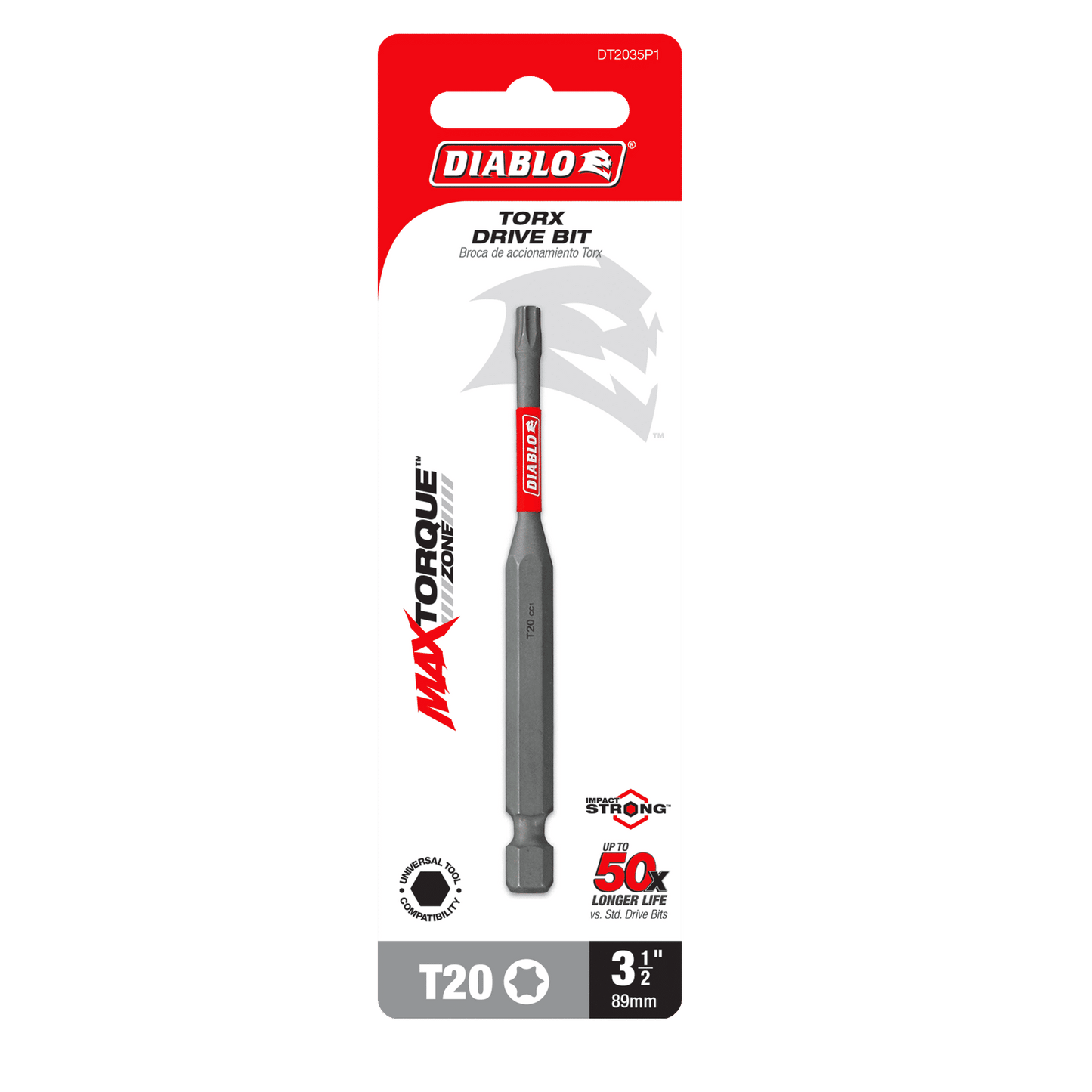 The Diablo DT2035P1 3-1/2 in. #20 Torx Drive Bit packaging showcases MAXTORQUE technology, claims to be 10x Stronger, and features Impact Strong™ durability in an eye-catching white and red design.