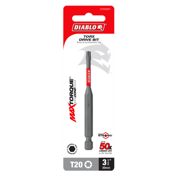 The Diablo DT2035P1 3-1/2 in. #20 Torx Drive Bit packaging showcases MAXTORQUE technology, claims to be 10x Stronger, and features Impact Strong™ durability in an eye-catching white and red design.