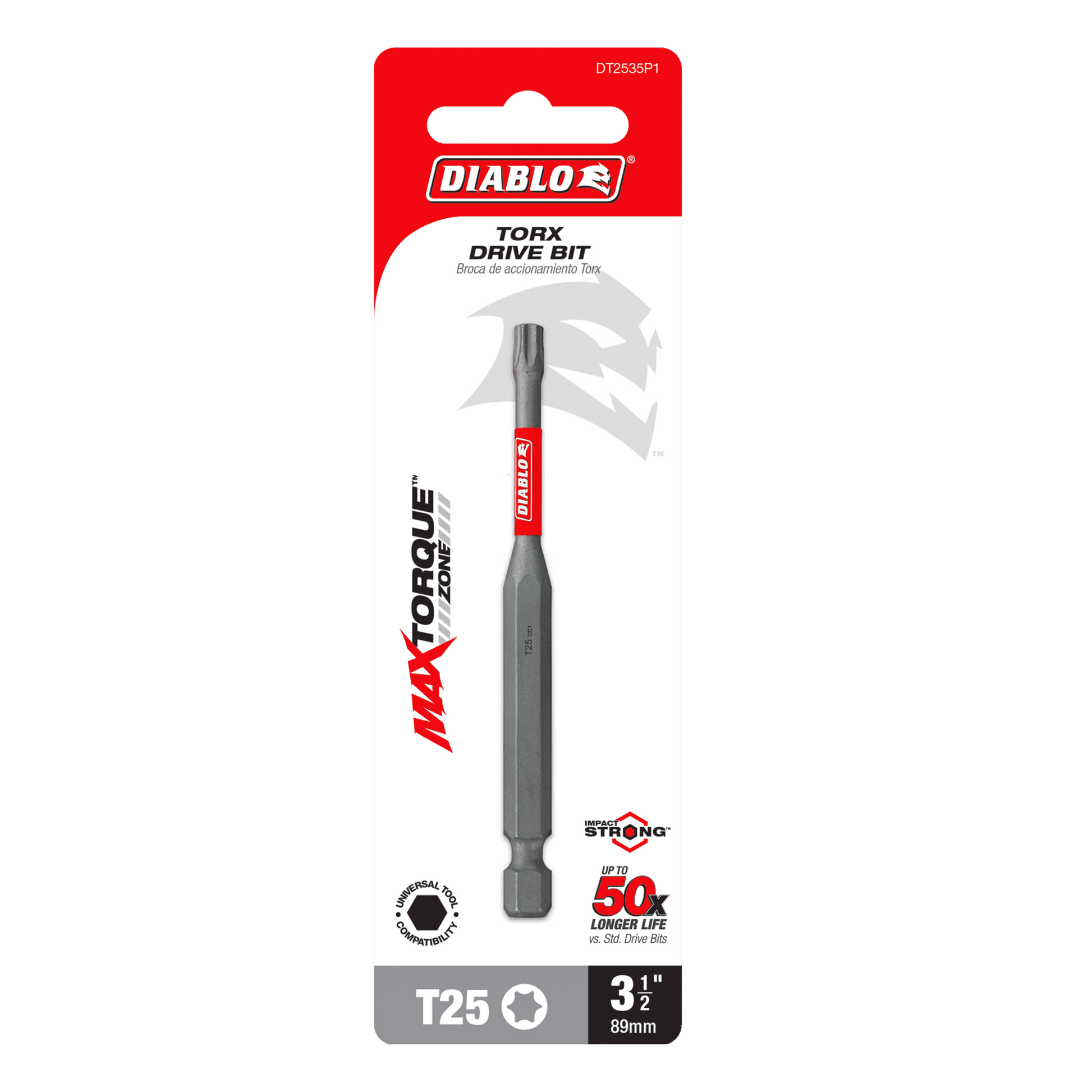 The Diablo DIABLO DT2535P1 Torx driver bit, featuring Impact Strong™ technology, comes in red and white packaging with the brand name highlighted on top. It measures 3-1/2 inches, offers a MaxTorque Zone for enhanced durability, and delivers 50% longer life.