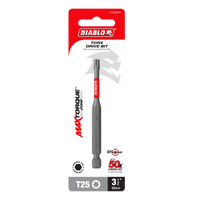 The Diablo DIABLO DT2535P1 Torx driver bit, featuring Impact Strong™ technology, comes in red and white packaging with the brand name highlighted on top. It measures 3-1/2 inches, offers a MaxTorque Zone for enhanced durability, and delivers 50% longer life.