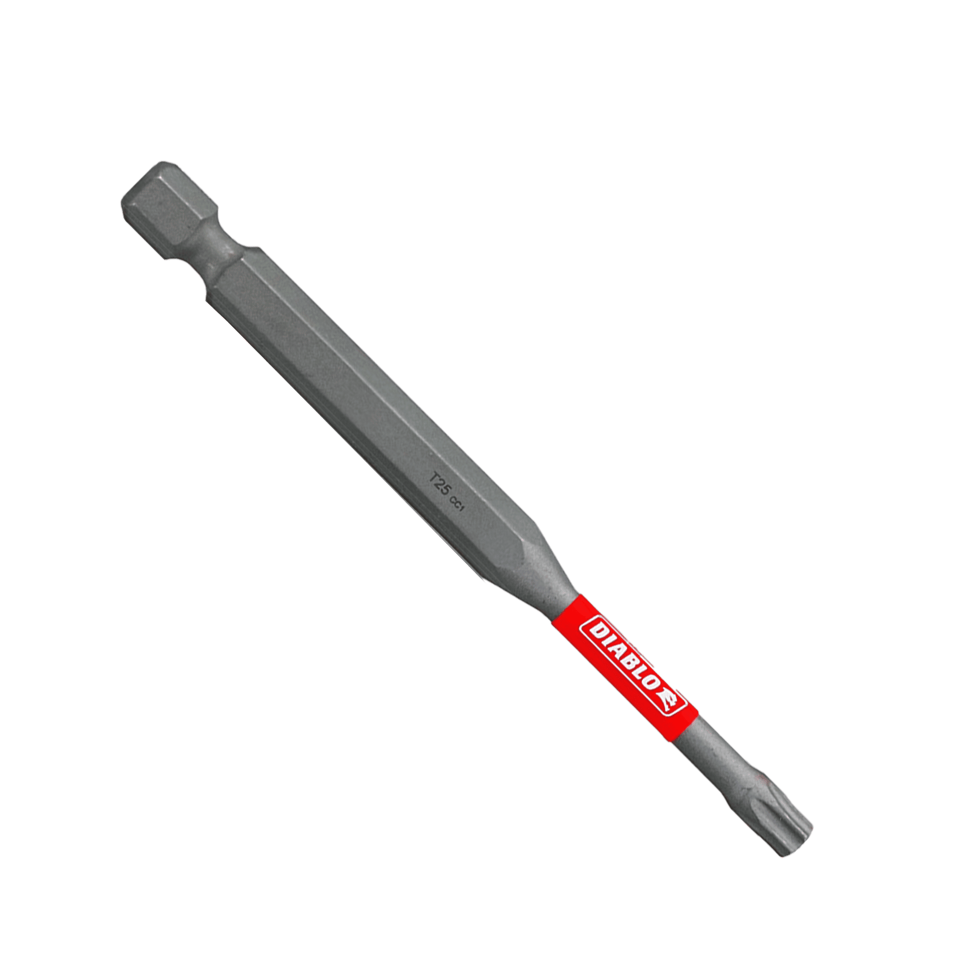 A silver DIABLO DT2535P1 3-1/2 in. #25 Torx Drive Bit with a hex shank is set against a green background, featuring a red label reading Diablo, highlighting its Impact Strong™ design for enhanced durability and reliability.