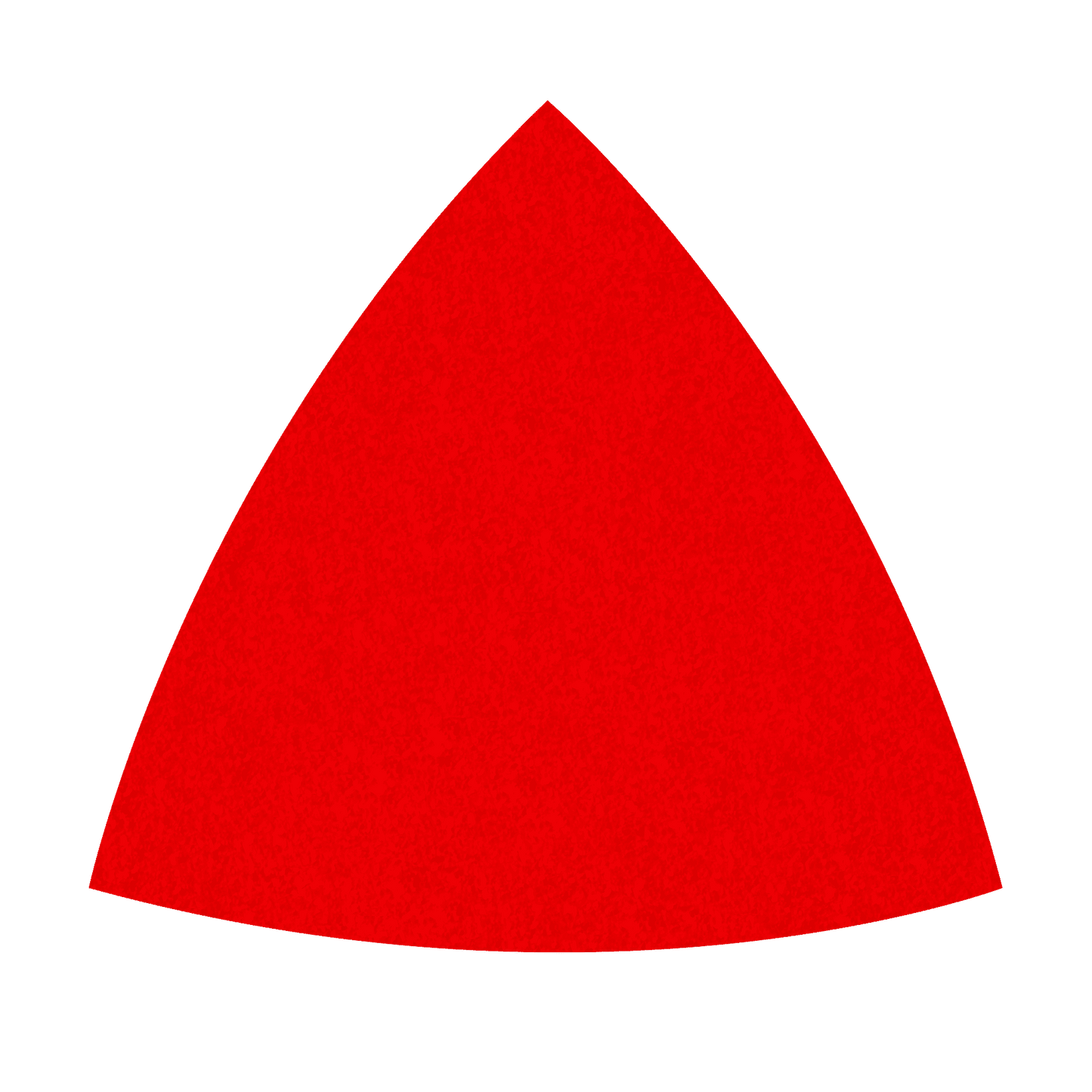 A red, three-sided geometric shape like a rounded triangle with smooth curves and a convex base, similar to the Diablo DIABLO DCT318080H10G 3-1/8 in. 80-Grit Hook & Lock™ Triangular Detail Sanding Sheets.