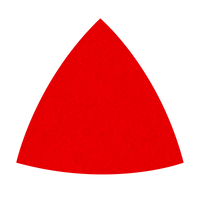 A red, three-sided geometric shape like a rounded triangle with smooth curves and a convex base, similar to the Diablo DIABLO DCT318080H10G 3-1/8 in. 80-Grit Hook & Lock™ Triangular Detail Sanding Sheets.