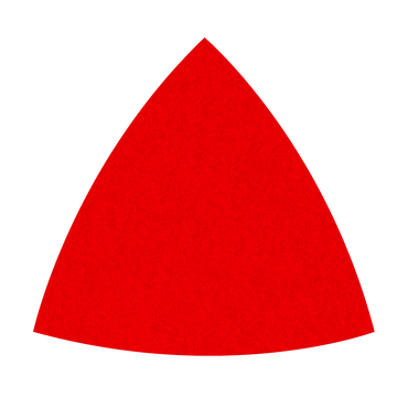 A red, three-sided geometric shape like a rounded triangle with smooth curves and a convex base, similar to the Diablo DIABLO DCT318080H10G 3-1/8 in. 80-Grit Hook & Lock™ Triangular Detail Sanding Sheets.