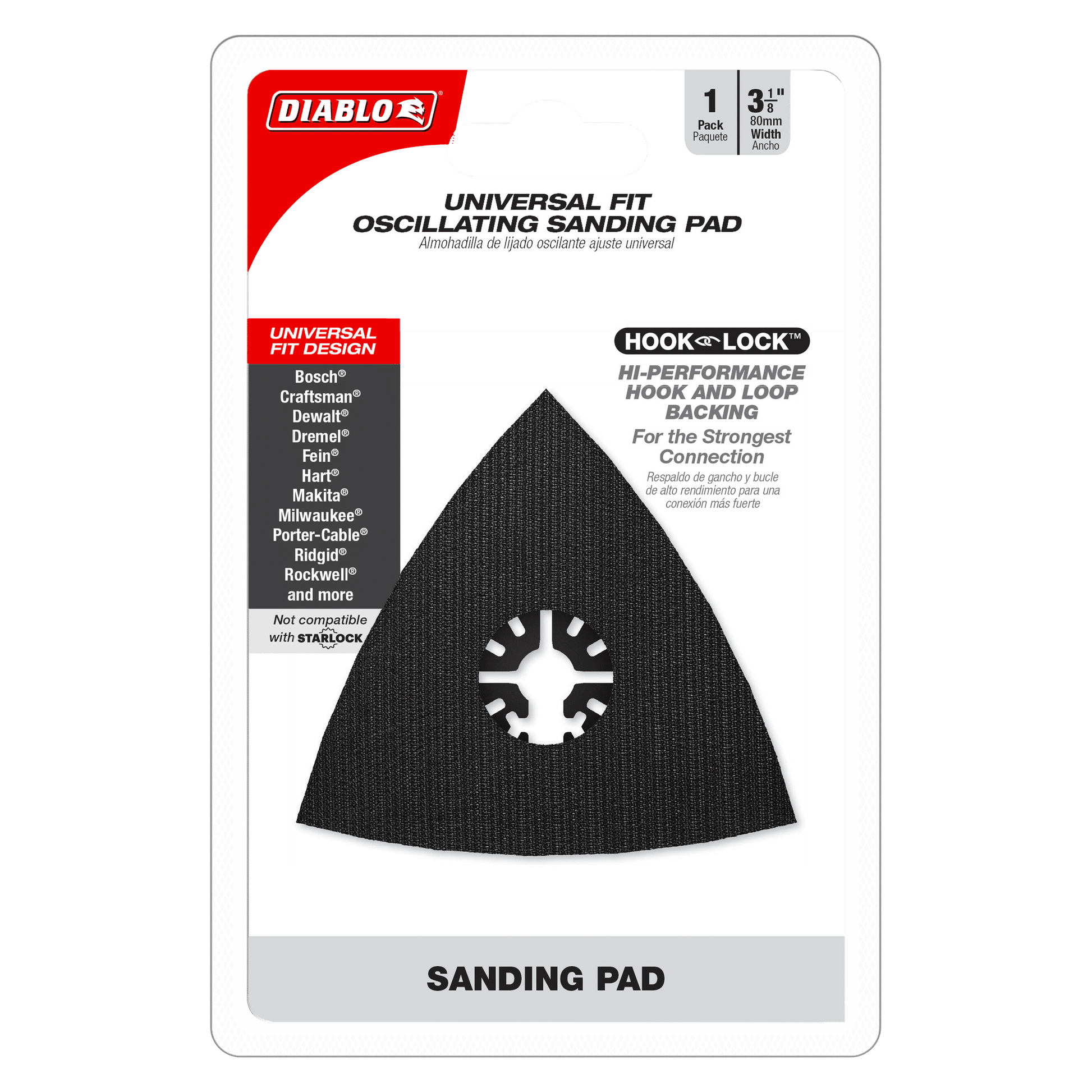 The packaging of the DIABLO DOUSAND 3-1/8 in. Universal Fit Oscillating Sanding Pad showcases Hook Lock™ backing for secure attachment. The centered black triangular pad is framed by brand and compatibility details on a clean white backdrop.