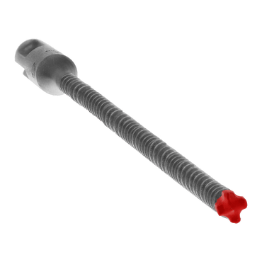 Close-up of a gray DIABLO DMAPL4055 Rebar Demon™ drill bit by Diablo, featuring a threaded shaft and distinctive red star-shaped tip with a cylindrical head, set against a crisp white background.