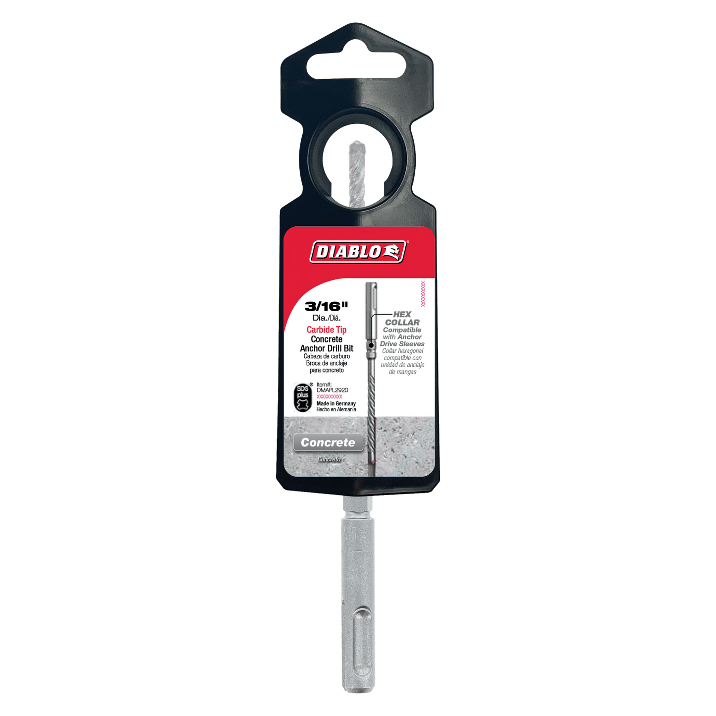 The DIABLO DMAPL2920 3/16 in. x 3-1/2 in. x 6 in. SDS-Plus drill bit package features bold red and white colors, highlighting its use for concrete. It has a full-carbide head secured in a black plastic holder with a hook for easy hanging.